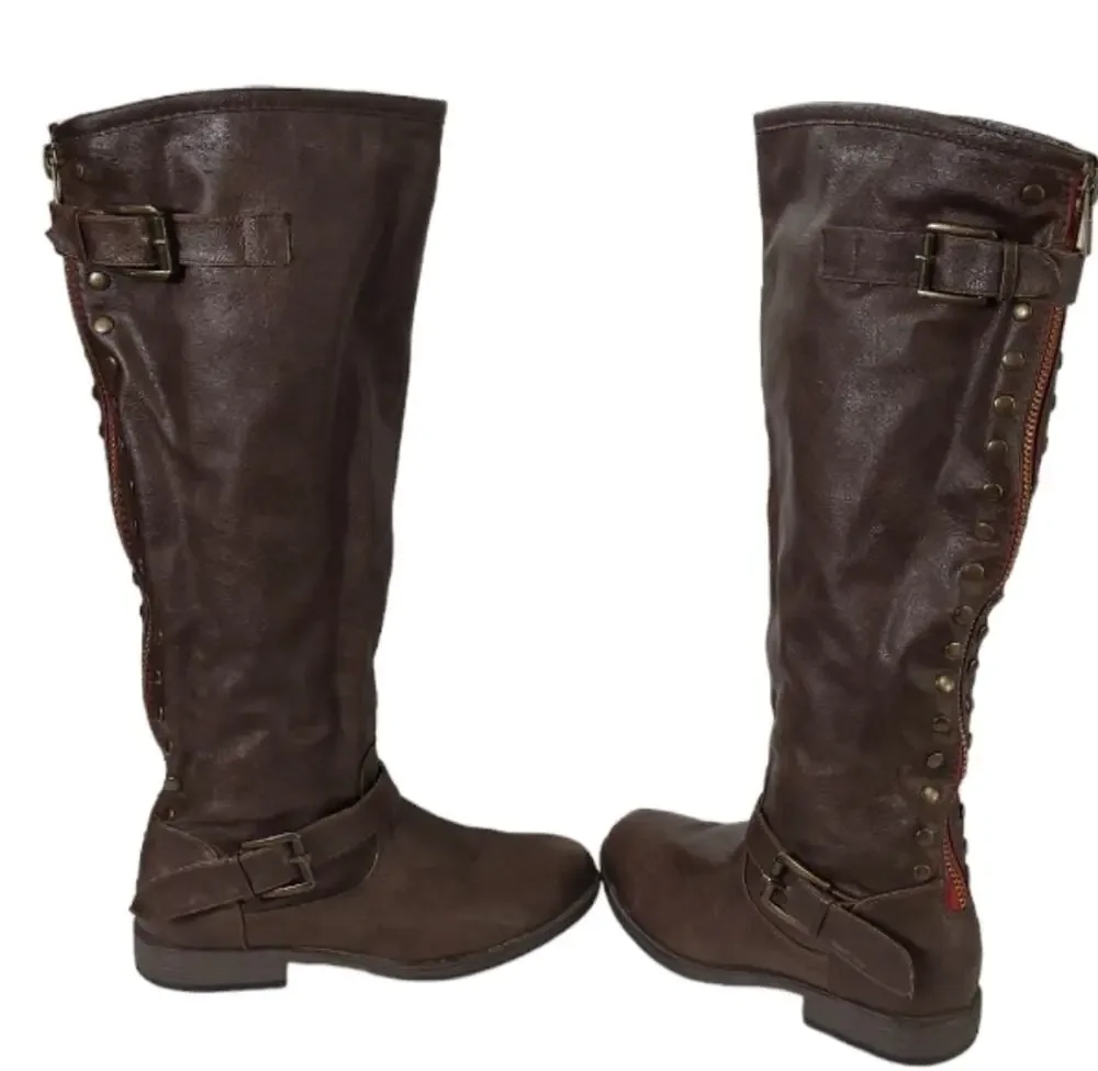 Bamboo Montage 83 SZ 6.5 Brown Studded Knee High Riding Equestrian Boots Vegan